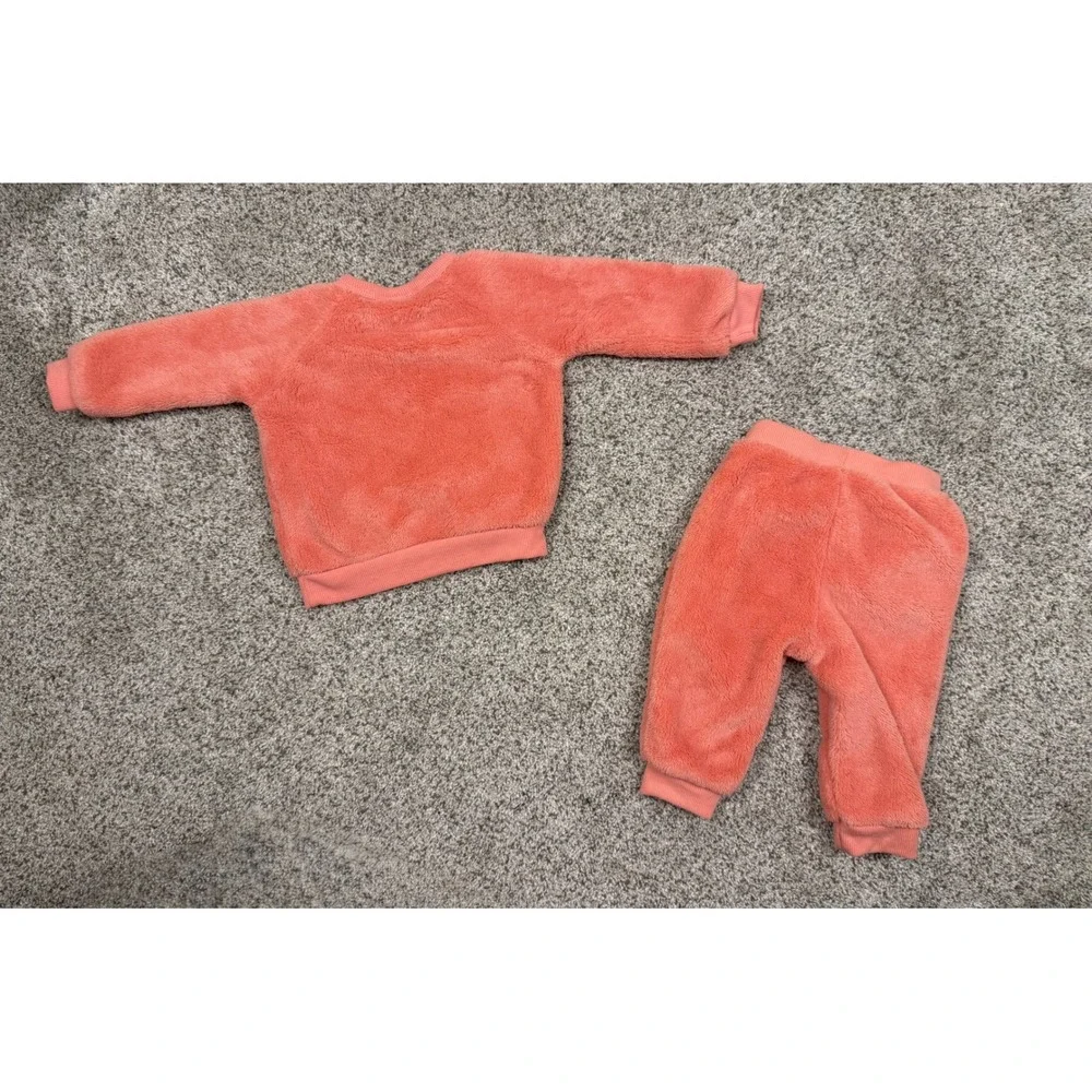 Pekkle Baby Girl Coral Orange Fleece Cherry Sweatshirt and Pants Set‎ 6M